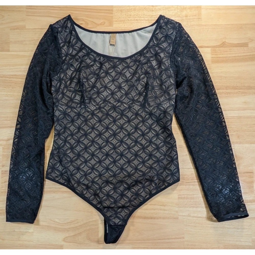 Shapellx Black Geometric Lace Long Sleeve Bodysuit XXL New With Tags Snap Crotch